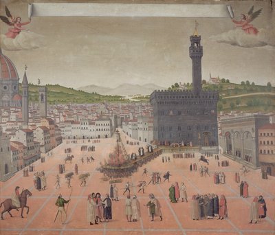 Savonarola siendo quemado en la hoguera, Piazza della Signoria, Florencia (óleo sobre tabla) de Italian School