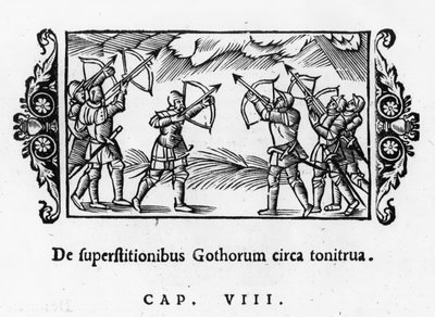 Escandinavos usando sus flechas para ahuyentar el trueno, de Historia de Gentibus Septentrionalibus por Olaus Magnus (1490-1557) publicado en Roma, 1555 de Italian School
