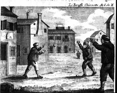 Escena 10 del Acto I de la pieza cómica “Le baruffe chiozzotte” (Baroufe a Chioggia) (1762) de Carlo Goldoni (1707-1793). Grabado del siglo XVIII de Italian School