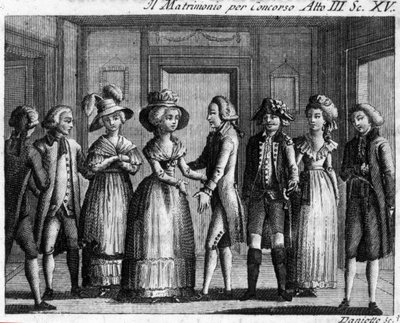 Escena 15 del Acto III de la pieza cómica “Il matrimonio per concorso” de Carlo Goldoni (1707-1793). Grabado del siglo XVIII. de Italian School