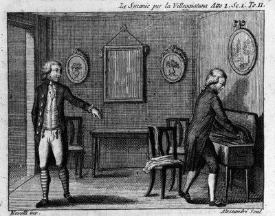 Escena 1 del Acto I de la pieza cómica “La smania per la villeggiatura” (La ville) (1761) de Carlo Goldoni (1707-1793). Grabado del siglo XVIII. de Italian School