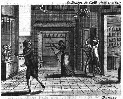 Escena 23 del Acto II de la pieza cómica “La bottega del caffe” (El café) (1750) de Carlo Goldoni (1707-1793): mesas de juegos. Grabado del siglo XVIII de Italian School