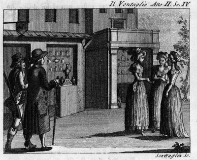 Escena 4 del Acto II de la pieza cómica “Il ventaglio” (El abanico) (1764) de Carlo Goldoni (1707-1793). Grabado del siglo XVIII de Italian School