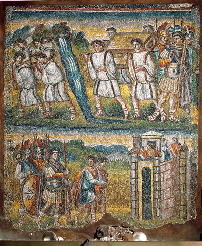 Escenas del Libro de Josué: El Arca de la Alianza llevada por siete sacerdotes a través del Jordán, Josué envía dos espías a Jericó de Italian School