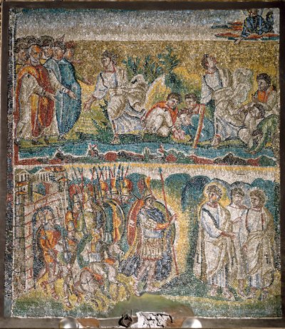 Escenas del Libro de Josué: La toma de Jericó, Los siete sacerdotes llevando el Arca de la Alianza (mosaico) de Italian School