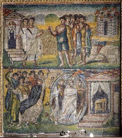 Escenas de la vida de Moisés: el regreso de los doce espías enviados por Moisés a la tierra prometida, intento de apedreamiento de Moisés (mosaico) de Italian School