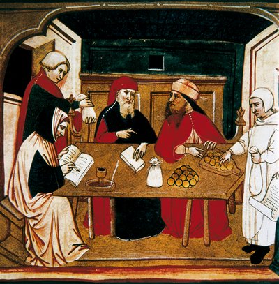 Firma para una transacción, un notario registra el acto y un banquero cuenta las monedas. de Italian School