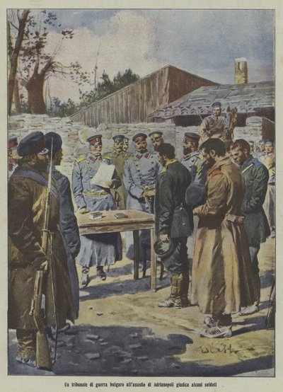 Soldados juzgados por un tribunal militar búlgaro en el sitio de Adrianópolis, Primera Guerra de los Balcanes (litografía en color) de Italian School