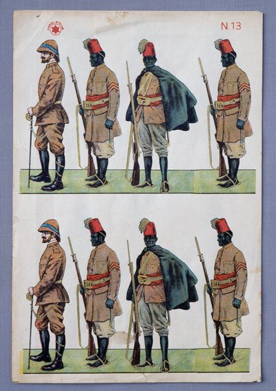 Soldados con uniformes Ascari, soldados recortados en papel, impresión litográfica dorada, realizada por Stella, Italia, siglo XX. de Italian School