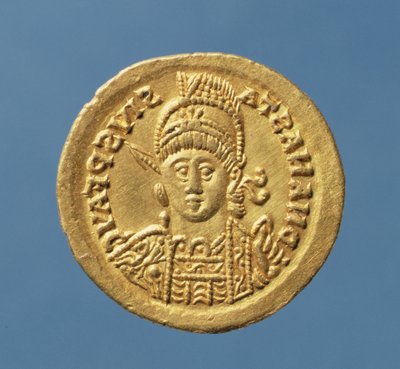 Solidus (anverso) acuñado por Teodorico I (471-526 d.C.) Rey Ostrogodo de Italia copiando un solidus de Anastasio Emperador Bizantino (491-518 d.C.) Inscripción: DN ANASTASIVS P F AVG de Italian School