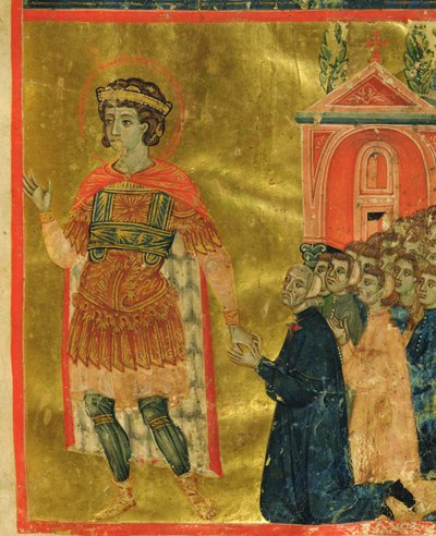 Algunos hermanos rezando a San Teodoro, de una Mariegola, 1350 de Italian School