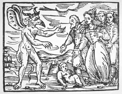 Hechiceros presentando un niño al Diablo, de Compendium Maleticarum por Fr M Guaccius (1608) ilustrado en una historia de la magia publicado a finales del siglo XIX de Italian School