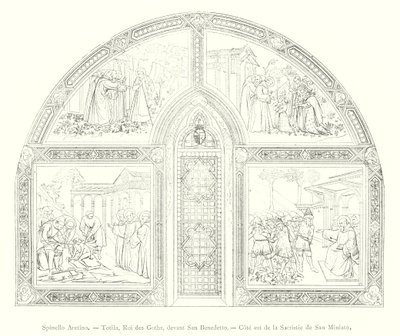 Spinello Aretino, Totila, Rey de los Godos, ante San Benedetto, Lado este de la Sacristía de San Miniato (grabado) de Italian School