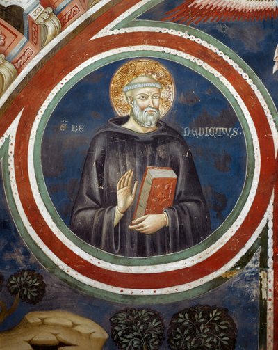 San Benito, fresco del Segundo Colaborador por Consolo o Magister Consolus, iglesia inferior del Monasterio de la Cueva Sagrada, Subiaco, Italia de Italian School