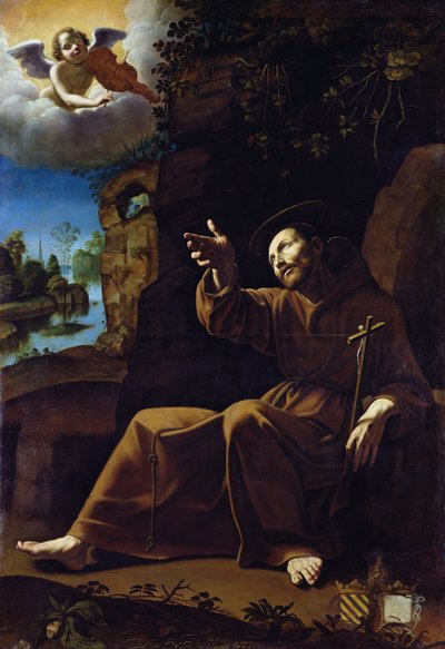 San Francisco de Asís consolado por un ángel músico de Italian School