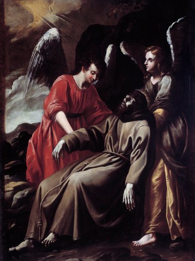 San Francisco de Asís consolado por los ángeles después de recibir los estigmas de Italian School