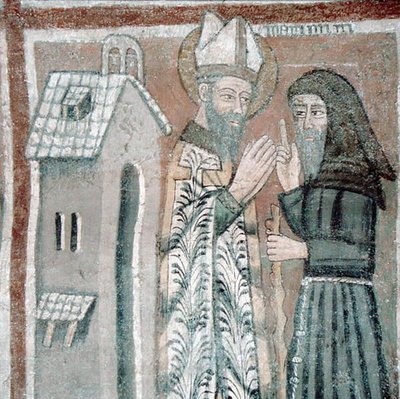 San Gregorio Magno (540-604) con un monje (fresco) de Italian School