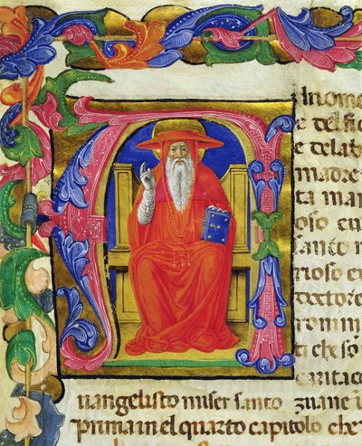 San Jerónimo, de una Mariegola del gremio laico de San Jerónimo, c.1400 (tinta y hoja de oro sobre vitela) de Italian School
