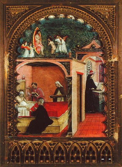 San Jerónimo en su celda y el sueño de San Jerónimo, c.1450 (óleo sobre tabla) de Italian School