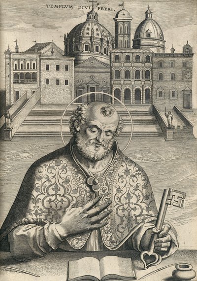San Pedro frente a la Basílica de San Pedro de Septem Urbis Ecclesiae Primariae, pub. 1599 de Italian School