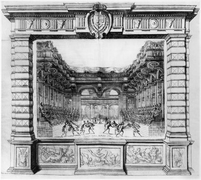 Diseño escénico de Giacomo Torelli (1608-78) para la Finta Pazza representada en 1645 en el Théâtre Petit Bourbon en París, 1654 de Italian School