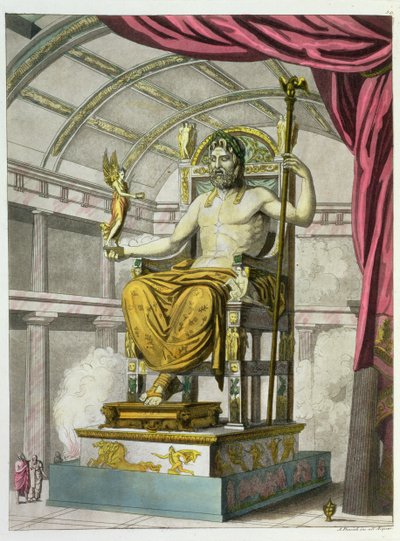 Estatua de Júpiter en un templo, de Costumi dei Romani, grabado por Angelo Biasioli (1790-1830), c.1805-20 de Italian School