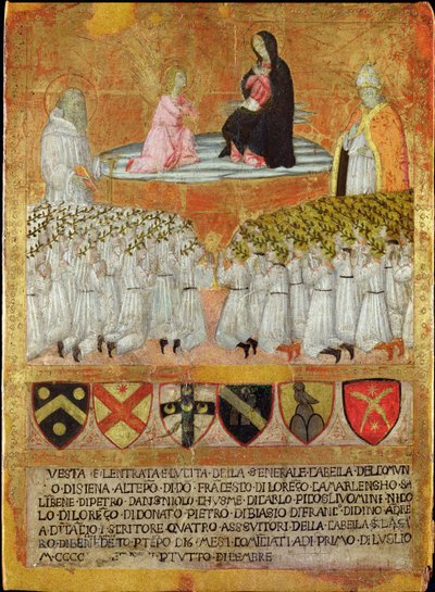 La Anunciación con San Bernardo de Claraval y el Papa Calixto III (1378-1458) 1456 (óleo sobre tabla) de Italian School