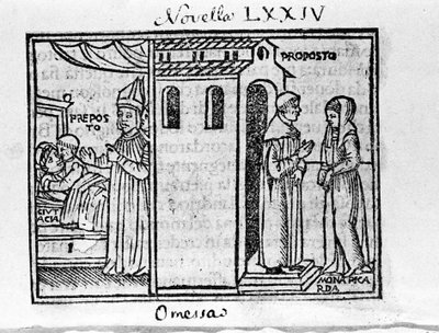 El Arcipreste de Florencia sorprendido por el obispo cuando se encuentra con la mujer que ama. Ilustración para la novela 74 (Novela 4 del octavo día) del “Decamerón” de Giovanni Boccaccio (1313-1375), escritor italiano. Grabado en “Decamerone ouer Cento n de Italian School