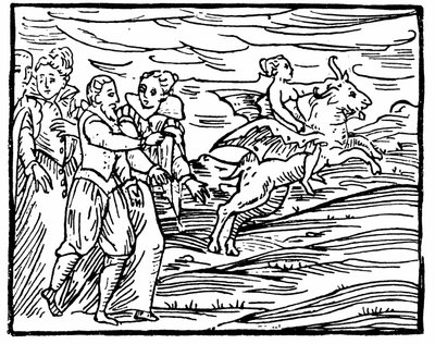 El Diablo, en forma de cabra voladora, llevando a una bruja al Sabbath, ilustración del Compendium Maleficarum de Francesco Maria Guazzo, 1608 de Italian School