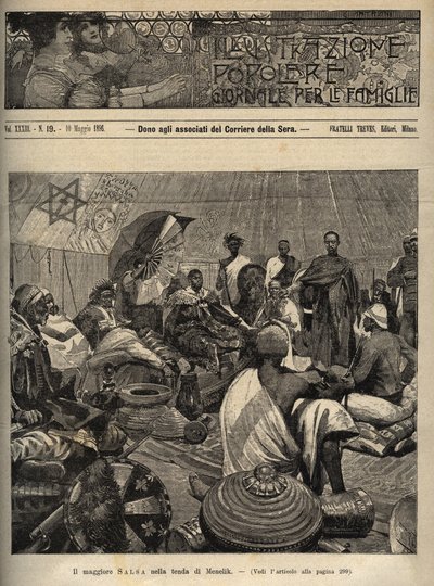 La Primera Guerra Italo-Etíope (1895-1896). El Mayor Tommaso Salsa y el Capitán Annibale Anghera ante el emperador de Etiopía Menelik II (1844-1913) - grabado de “illustrazione popolare - giornale per le famiglie - 1896 - Las negociaciones de paz con de Italian School