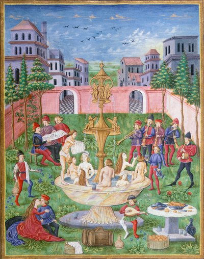 La fuente de la vida: cantantes y músicos en un jardín, miniatura de De Sphaera, de Leonardo Dati de Italian School