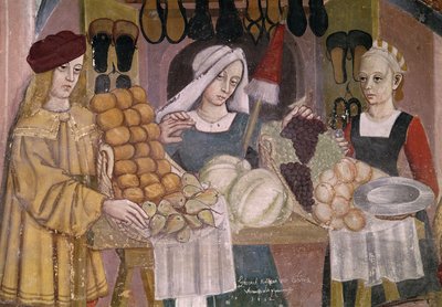 El puesto de los fruteros, detalle de "El mercado de frutas y verduras" (fresco) de Italian School
