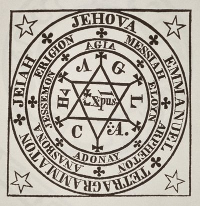 El gran círculo mágico de Agrippa para la evocación de demonios, copia de una ilustración de Les Oevres Magiques de Henri Corneille Agrippa, Roma 1744, usado en una Historia de la Magia, publicado a finales del siglo XIX de Italian School