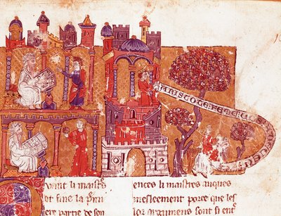 El filósofo griego Aristóteles (383-322 a.C.) enseña a sus estudiantes moralidad y desprecio por las mujeres (misoginia). Miniatura de un manuscrito italiano del siglo XIV. Biblioteca Inguimbertine Municipal de Carpentras. de Italian School