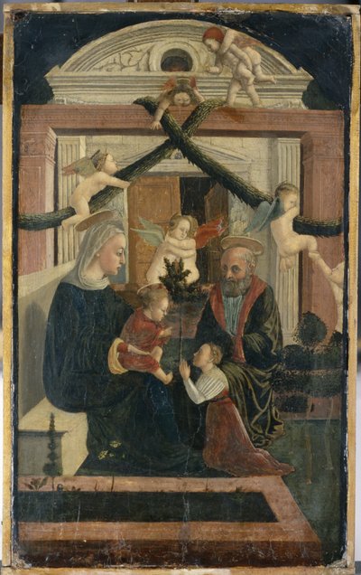 La Sagrada Familia con el donante en oración y los ángeles jugando, c.1460 (temple sobre madera de pino) de Italian School