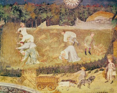 El mes de agosto, detalle de la cosecha, c.1400 (fresco) de Italian School