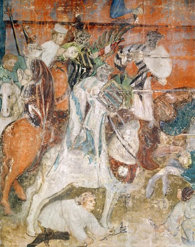 El mes de febrero, detalle de un caballero en un torneo, c.1400 (fresco) de Italian School