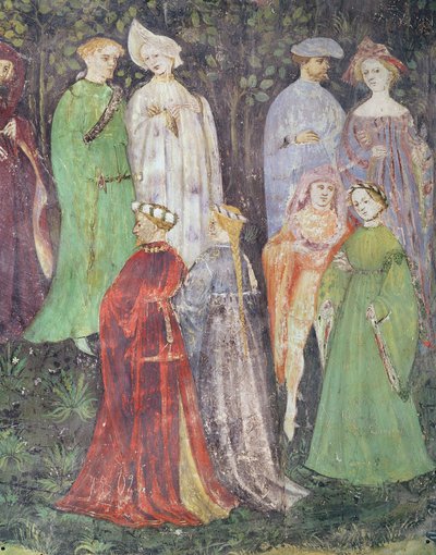 El mes de junio, detalle de nobles y mujeres caminando, c.1400 (fresco) de Italian School