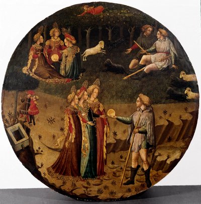 El juicio de Paris. El pastor Paris tiene que elegir a quién le dará la manzana de oro para diseñar la más bella de las tres diosas, Atenea, Afrodita o Hera. Pintura de la escuela italiana del siglo XV Florencia, Museo Nazionale del Bargello de Italian School