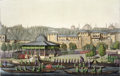 La Presentación del Almirante al Sultán, lámina 14 de la Parte III, Volumen I de La Historia de las Naciones, grabado por Giacomo Bussi, c.1820 (aguafuerte) de Italian School