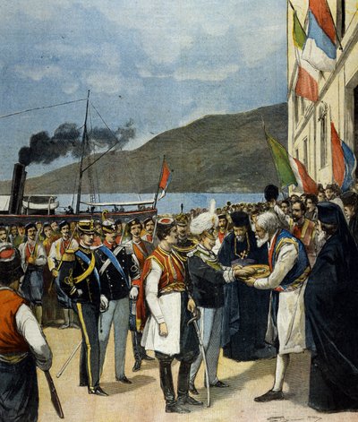 El Príncipe de Nápoles - luego Víctor Manuel III (Vittorio Emanuele) - recibe en Rijeka, según la tradición, pan y sal de la familia de Helena de Montenegro de Italian School