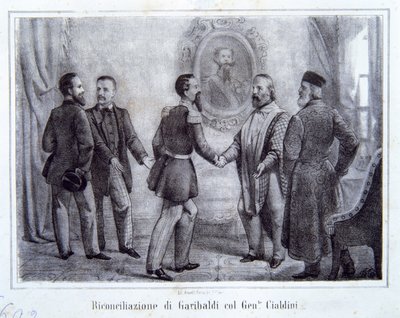 La reconciliación de Garibaldi con el General Cialdini, ilustración de La Historia de Italia de Italian School