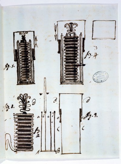 La pila voltaica (batería). Dibujo de una carta de Alessandro Volta (1745-1827) a Dieudonné Dolomieu (1750-1801) sobre el galvanismo, 1801 (pluma y tinta sobre papel) de Italian School