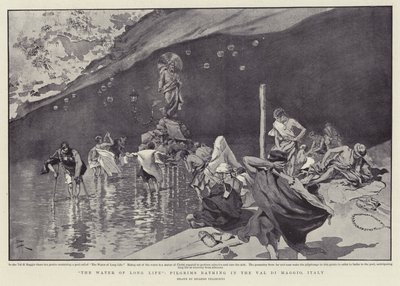 "El agua de la larga vida", peregrinos bañándose en el Val di Maggio, Italia (litografía) de Italian School