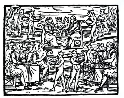 El Sabbath de las brujas, copia de una ilustración del Compendium Maleficarum por Fr M Guaccius, Milán 1608, usada en Historia de la Magia, publicada a finales del siglo XIX de Italian School