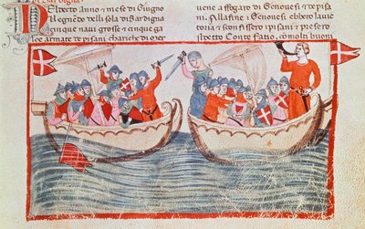 La batalla de Meloria, miniatura de las Nuevas Crónicas de Giovanni Villani, Italia siglo XIV de Italian School