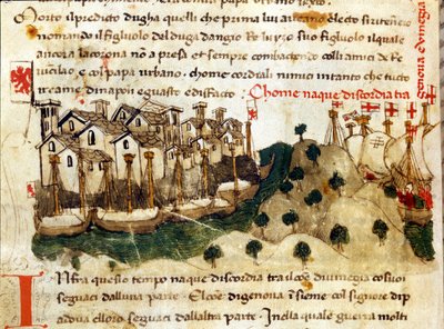 El comienzo de la Guerra de Chioggia entre Génova y Venecia. Crónicas de Sercambi. Archivo Nacional, Lucca de Italian School