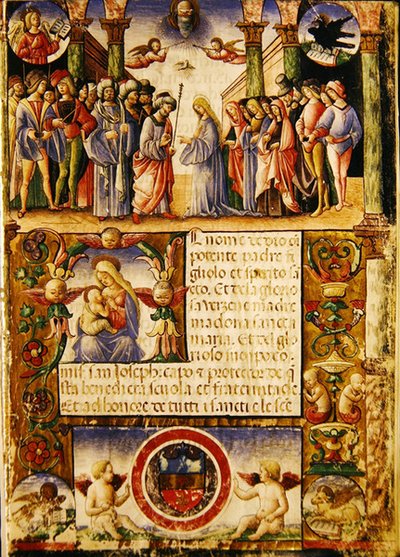 El desposorio de la Virgen, de una Mariegola de la cofradía laica de San José y San Silvestre, 1315 de Italian School