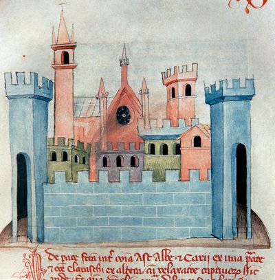 La ciudad de Cherasco (Querasque) en la provincia de Coni en Piamonte en Italia. Iglesia y torre de fortificación de la ciudad medieval. Página del Codex Astensis o Malabayla. Miniatura del siglo XIII. Asti, Archivio Storico Comunale de Italian School