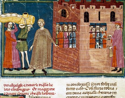 La distribución de comidas a prisioneros. Miniatura de la escuela florentina tomada de una edición extendida del Pater noster por Ser Zucchero Bencivenni (MS.II.VI 16) a principios del siglo XIV. Florencia, biblioteca nacional de Italian School